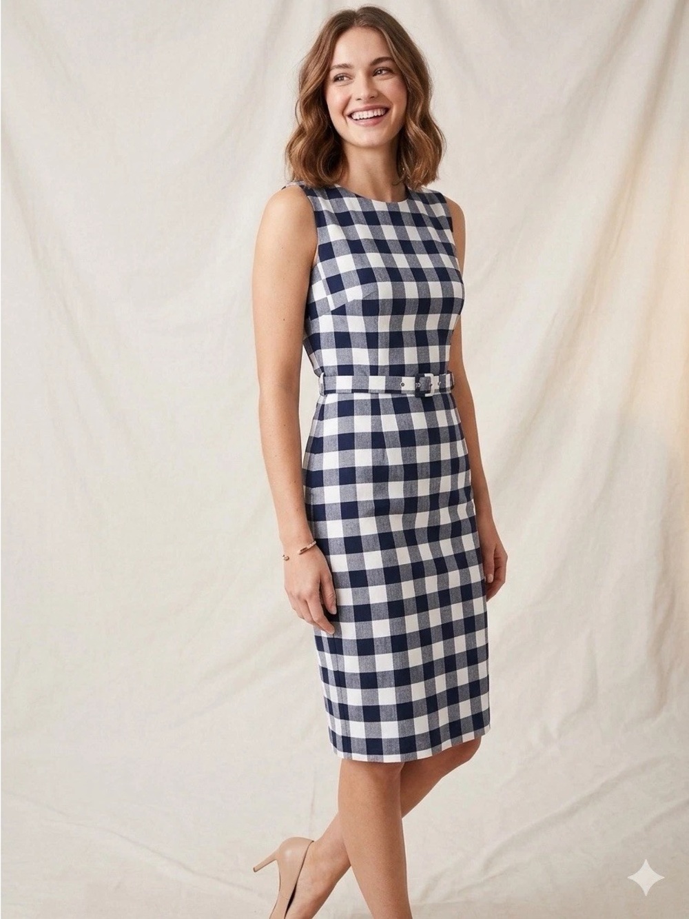 J. Crew Navy and White Gingham Belted Sheath Midi Dress